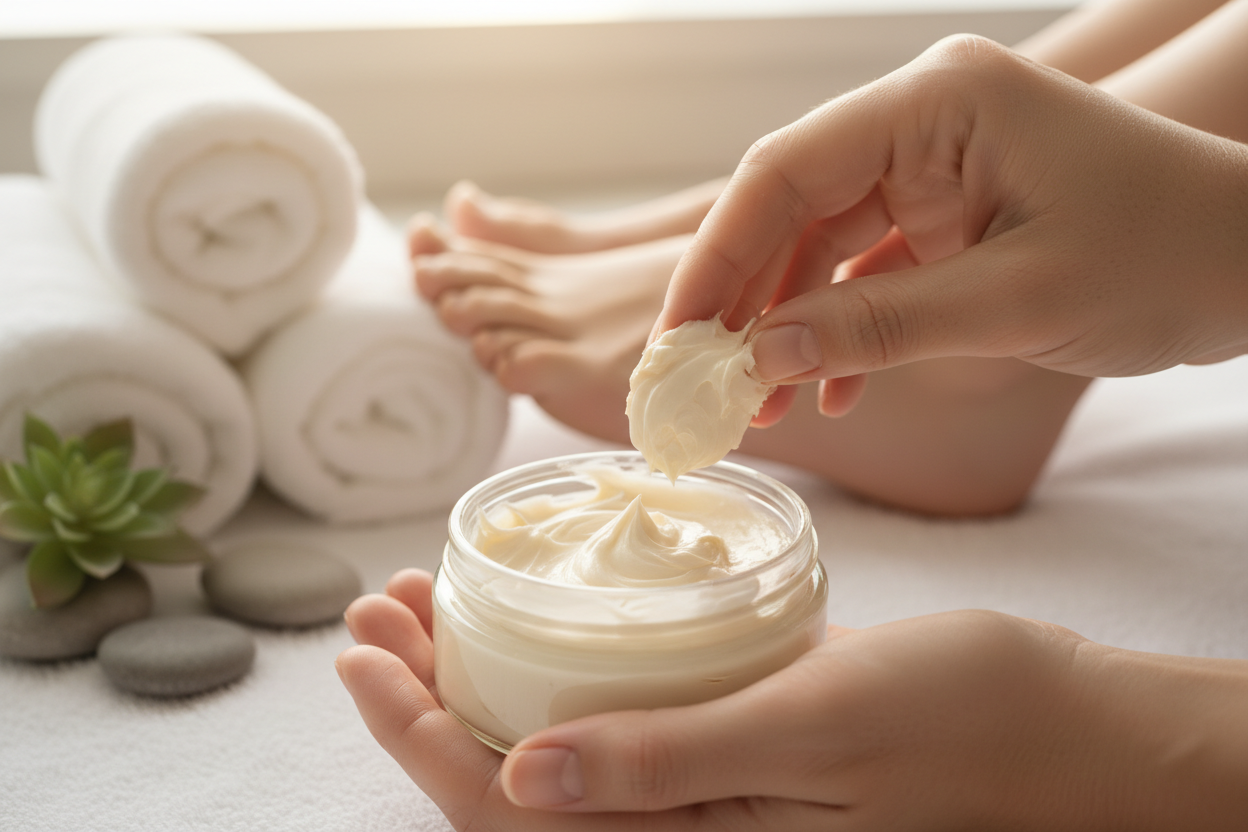rubbing body butter on hands and feet from a small jar
