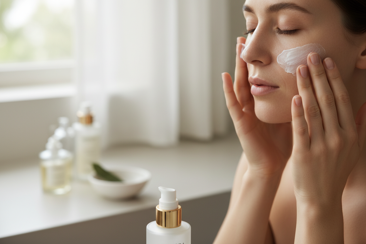 rubbing moisturizer on face